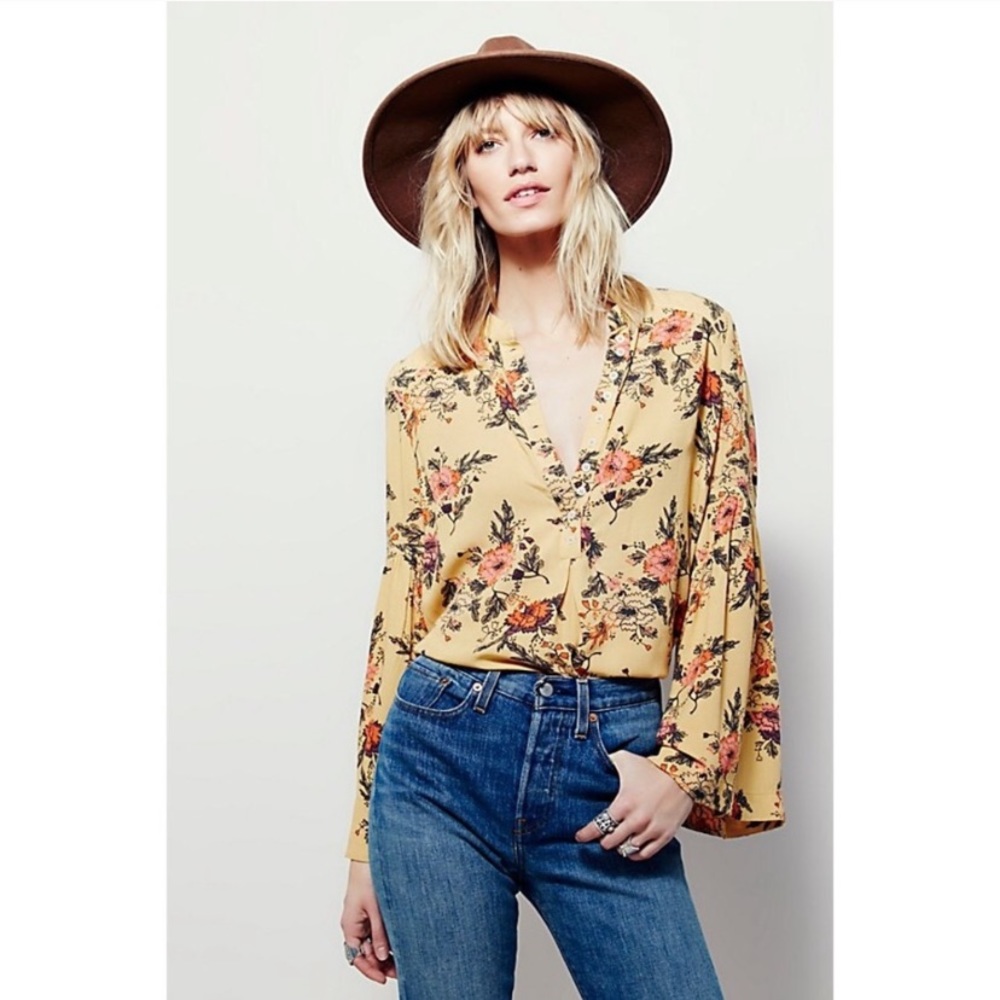 Free People Yellow Bell Sleeve Top